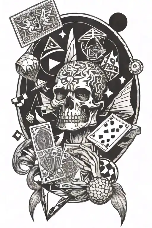 playing cards, a microphone, rubics cube, a juggler, and an origami crane, and poseidon tattoo design idea