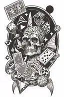 playing cards, a microphone, rubics cube, a juggler, and an origami crane, and poseidon tattoo design idea