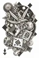 playing cards, a microphone, rubics cube, a juggler, and an origami crane, and poseidon tattoo design idea