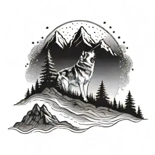 Mountain and forest landscape with aurora borealis and Alaskan malamute and beagle  tattoo design idea