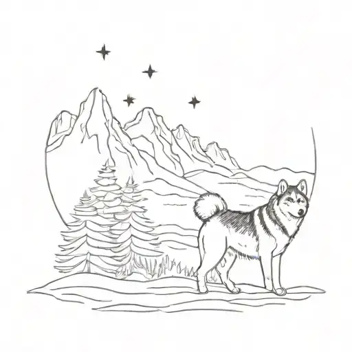 lapland landscape with alaskan malamute and beagle  tattoo design idea