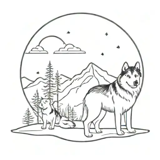 lapland landscape with northern lights and alaskan malamute and beagle in it tattoo design idea