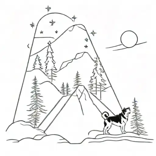 Mountain forest landscape with stars and northern lights and 1 beagle and 1 alaskan malamute   tattoo design idea