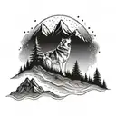 Mountain and forest landscape with aurora borealis and Alaskan malamute and beagle  tattoo design idea