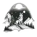Mountain and forest landscape with aurora borealis and Alaskan malamute and beagle  tattoo design idea