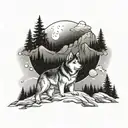 Mountain and forest landscape with aurora borealis and Alaskan malamute and beagle  tattoo design idea