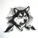 Mountain and forest landscape with aurora borealis and Alaskan malamute and beagle  tattoo design idea