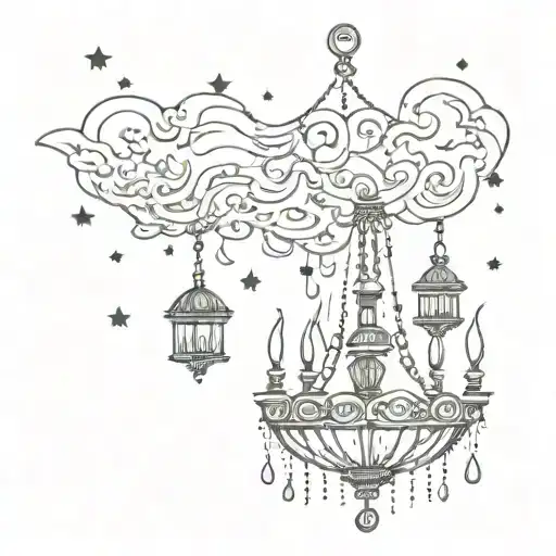 ornamental cloud in a chandelier-style design with hanging stars and raindrops tattoo design idea