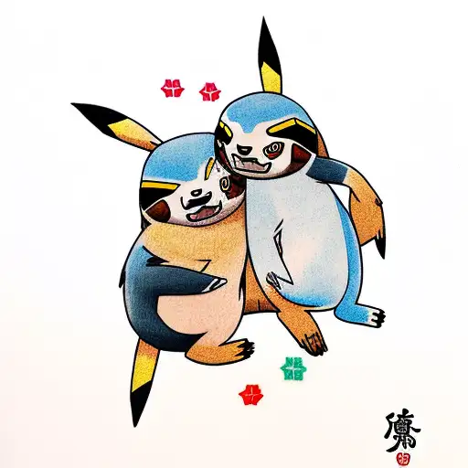 pikachu hugging a sloth tattoo design idea