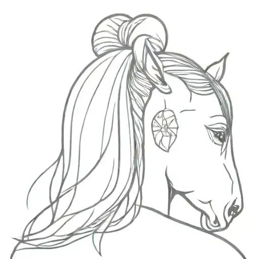 girls head with bun hair close to arabian horse  tattoo design idea