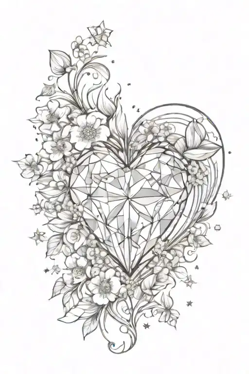 Heart-shaped diamond surrounded by stars and flowers representing spiritual growth tattoo design idea