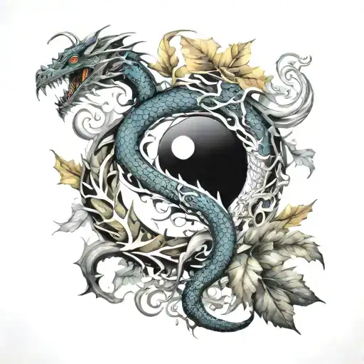 dragon with yin and yang in leaves tattoo design idea