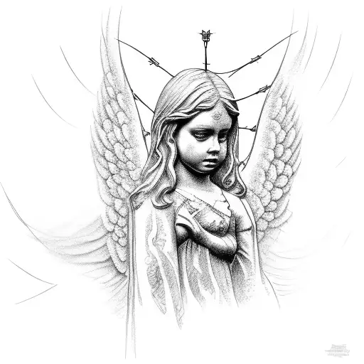 Statue of an Angel mixed with barb wire tattoo design idea