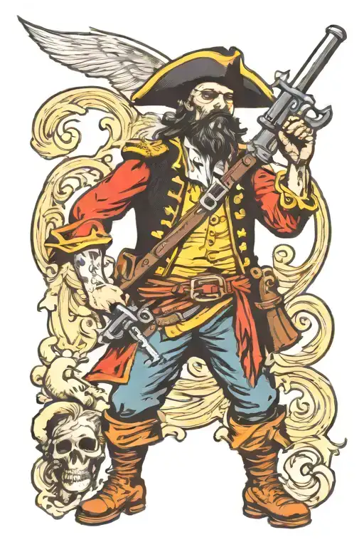 not human  pirate holding a sword and a gun  tattoo design idea