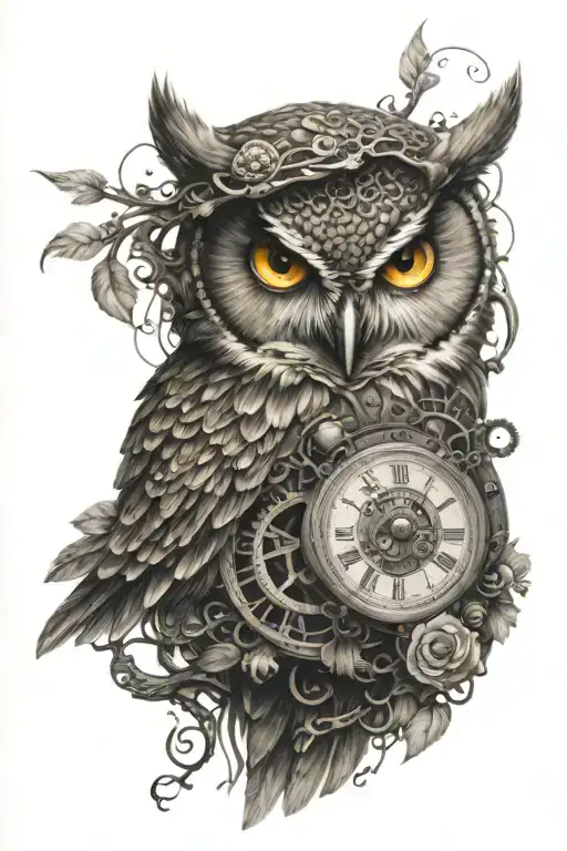 owl clockwork mechanism symbolizing growth tattoo design idea