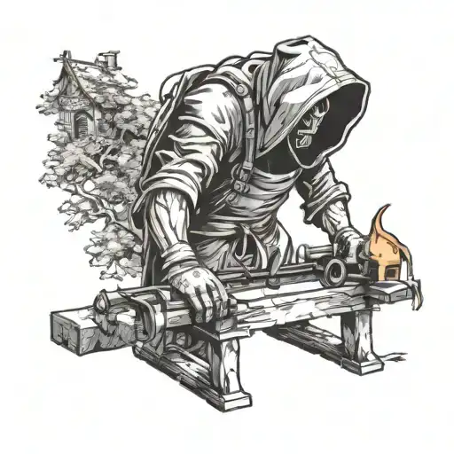 blacksmith in a hood. Gothic style. nature around. There is a temple in the background. forest animals approach from behind. tattoo design idea