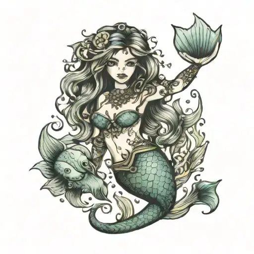 sealife scuba diving mermaid tattoo design idea