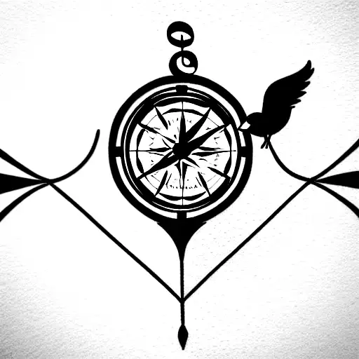 an open book with music notes and flowers decorating the pages, with a bird perched on top and a compass in the backgrou tattoo design idea