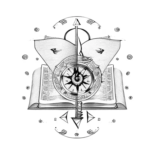 an open book with music notes and flowers decorating the pages, with a bird perched on top and a compass in the backgrou tattoo design idea