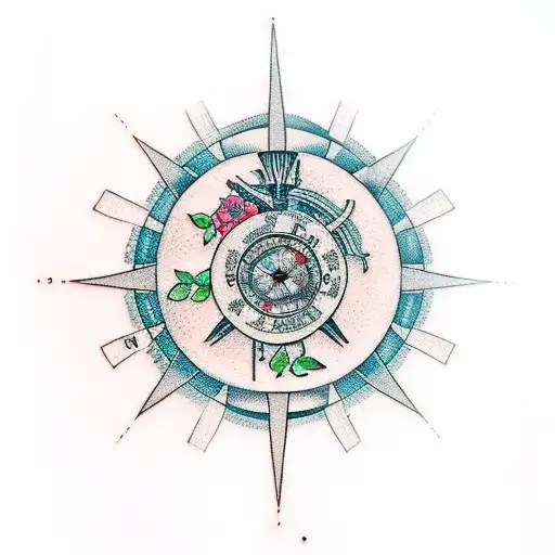 an open book with music notes and flowers decorating the pages, with a bird perched on top and a compass in the backgrou tattoo design idea