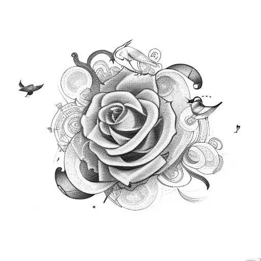open book with music notes, birds, and flowers tattoo design idea