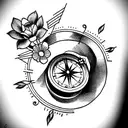 an open book with music notes and flowers decorating the pages, with a bird perched on top and a compass in the backgrou tattoo design idea