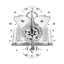 an open book with music notes and flowers decorating the pages, with a bird perched on top and a compass in the backgrou tattoo design idea