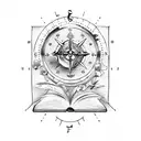 an open book with music notes and flowers decorating the pages, with a bird perched on top and a compass in the backgrou tattoo design idea