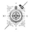 an open book with music notes and flowers decorating the pages, with a bird perched on top and a compass in the backgrou tattoo design idea