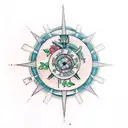 an open book with music notes and flowers decorating the pages, with a bird perched on top and a compass in the backgrou tattoo design idea