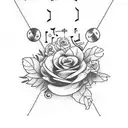 an open book with music notes and flowers decorating the pages, with a bird perched on top and a compass in the backgrou tattoo design idea