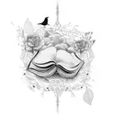 open book with music notes, birds, and flowers tattoo design idea