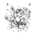 open book with music notes, birds, and flowers tattoo design idea
