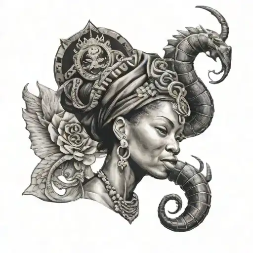 black african queen with scorpion emblem in the center of crown tattoo design idea