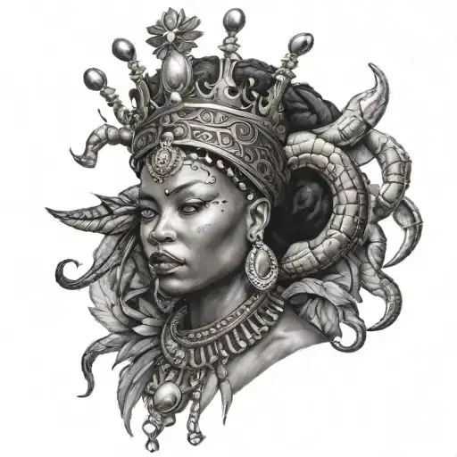 black african queen with scorpion head dress holding a crown tattoo design idea