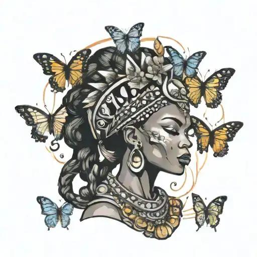 black african queen with scorpion head dress surrounded by butterflies tattoo design idea