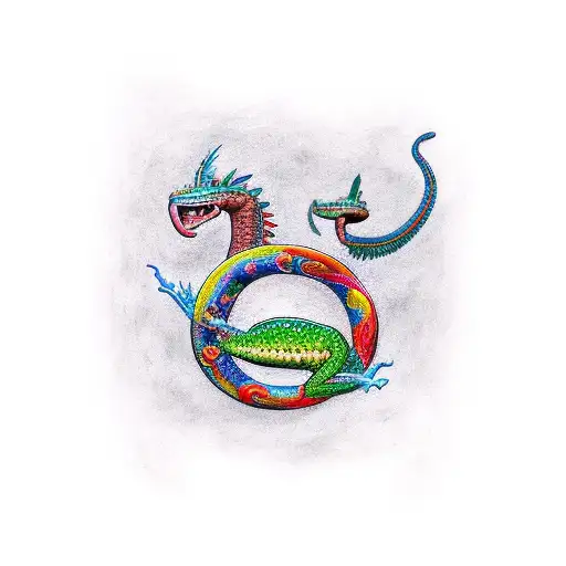  quetzalcoatl wrapping an axolotl and a xoloitzcuintle dog with a Mexican background tattoo design idea