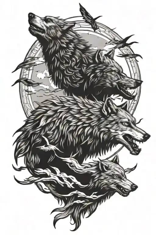 wolf chasing sun other wolf chasing moon with crow with one blind eye tattoo design idea