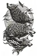 wolf chasing sun other wolf chasing moon with crow with one blind eye tattoo design idea