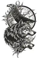 wolf chasing sun other wolf chasing moon with crow with one blind eye tattoo design idea