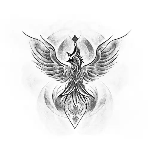 A tattoo of a tribal phoenix rising from musical notes, symbolizing the client's personal growth and resilience in blackwork style tattoo design idea