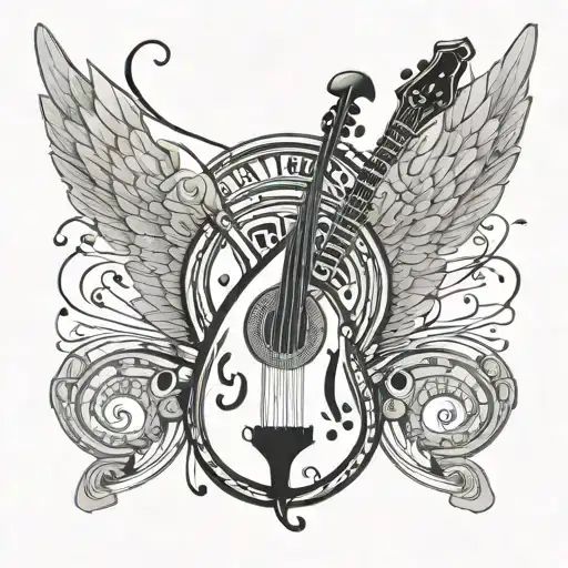 A music-themed tattoo featuring angel wings as the backdrop, with musical notes and instruments intertwined within the design tattoo design idea