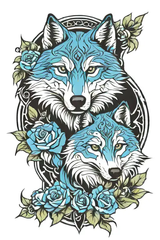 Blue roses tribal wolves   tattoo design idea