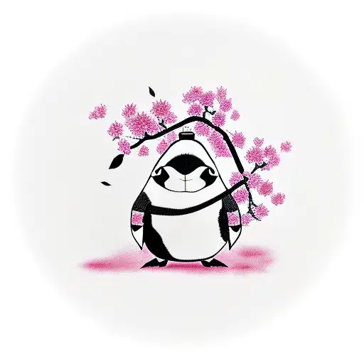 samurai penguin with a kabuto and a katana walking through pink sakura trees tattoo design idea