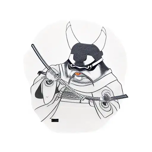 samurai penguin with a kabuto and a katana walking through sakura trees tattoo design idea
