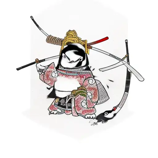 samurai penguin with a kabuto and a katana walking through sakura trees tattoo design idea