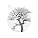 Japanese cherry blossom tree and Japanese bridge background tattoo design idea