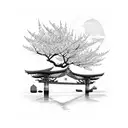 Japanese cherry blossom tree and Japanese bridge background tattoo design idea