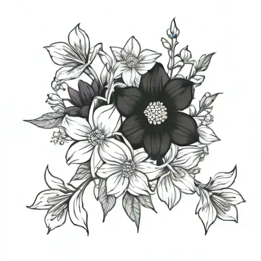 violet, narcissus chrysanthemum, cosmos flower bouquet tattoo design idea