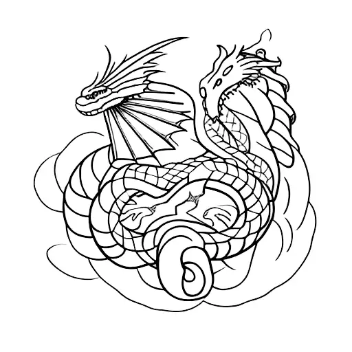 A minimalist tattoo of a snake and dragon intertwined in a drawn style tattoo design idea